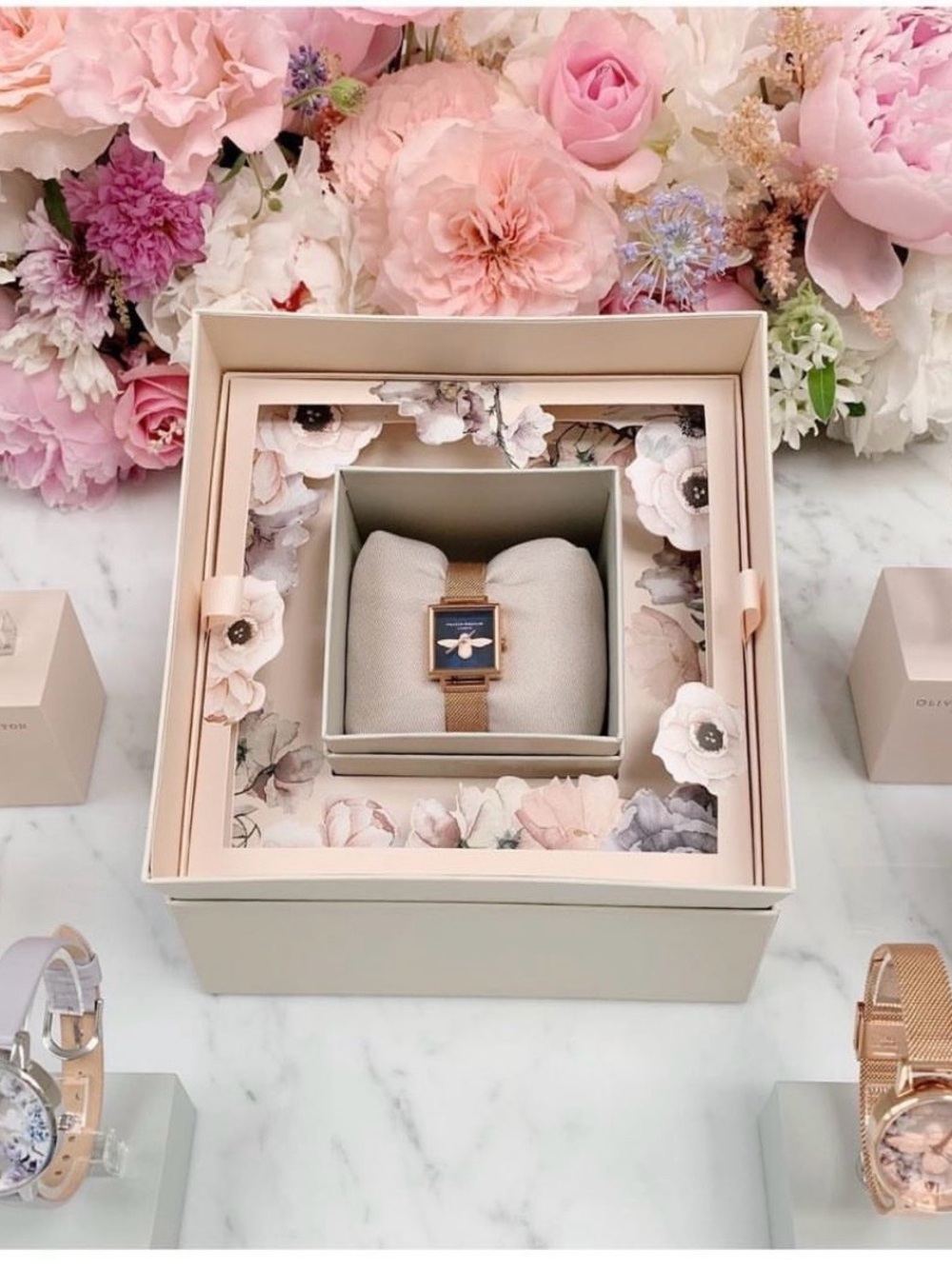 OLIVIA BURTON Rose Gold Mesh Watch with Pink Dial and Bee Motif
